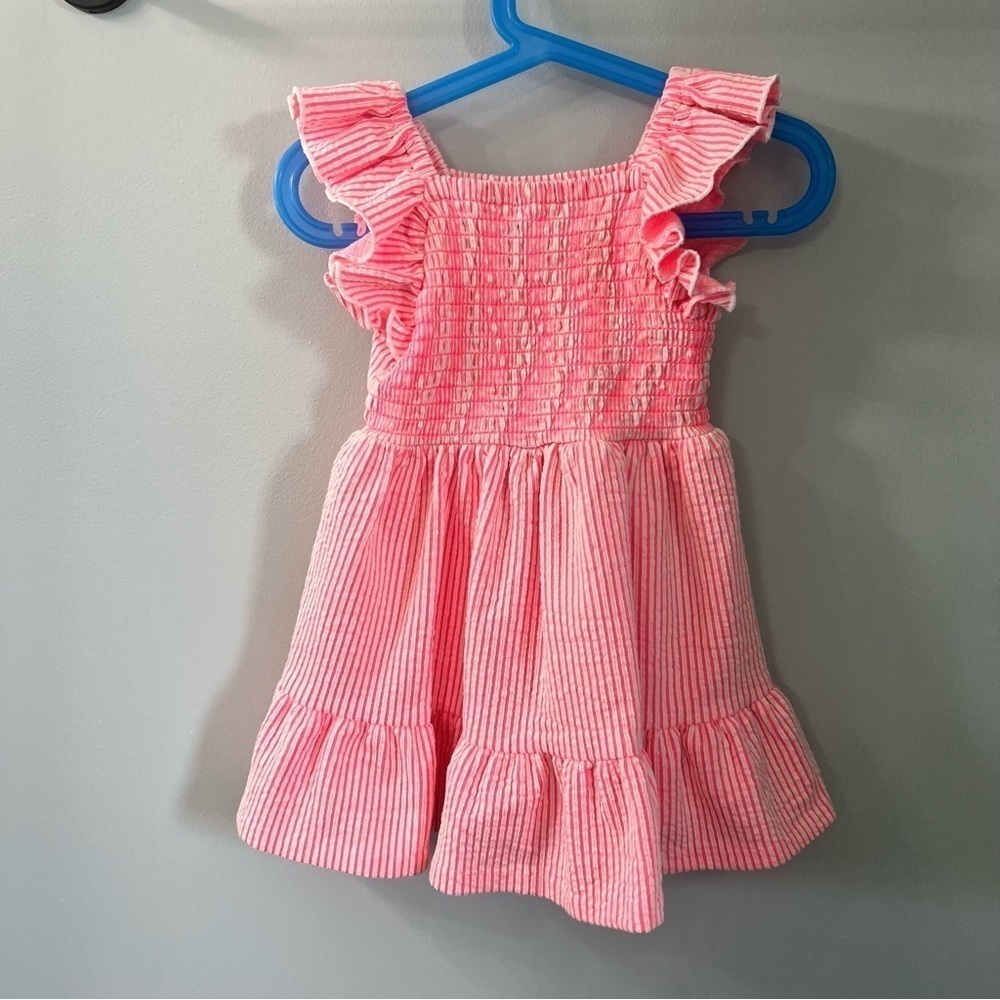 Iris & Ivy Neon Pink Jeanie Striped Smocked Flutter Ruffle Dress 24 Months